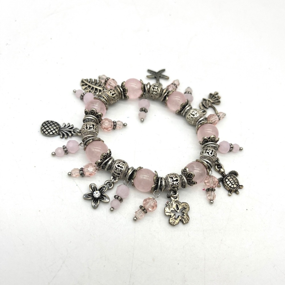 Pink Quartz Bead Tropical Charm Stretch Bracelet Silver Tone Beach Theme 6in